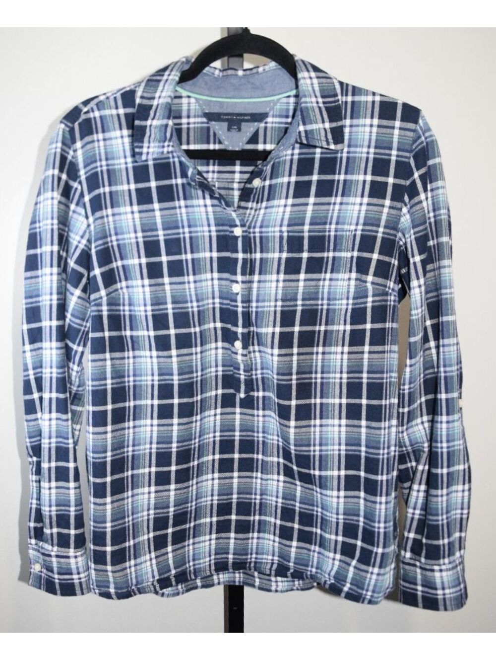 Tommy Hilfiger Women's Navy Blue Plaid Button-Up Shirt Large